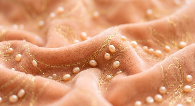 Soft Peach Pink Velvet Fabric Waves with Scattered Luminous Pearl Beads