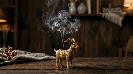 Fototapeta premium Brass llama figurine exhaling smoke on wooden surface with blurred interior background