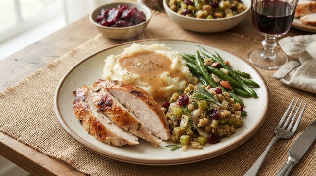 Sliced roasted turkey breast served with mashed potatoes, gravy, green beans, and stuffing on a plate over a burlap tablecloth background