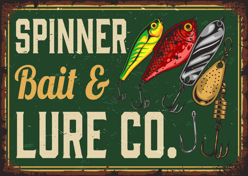 Vintage sign displays fishing lures and hooks