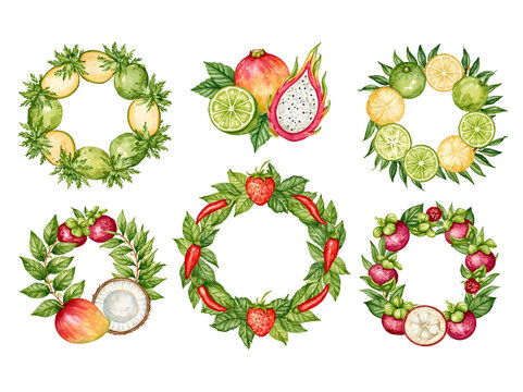 Watercolor fruit wreath collection with tropical fruits and leaves isolated on white