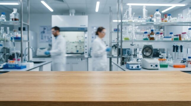 Empty wooden table top in a modern laboratory with blurred scientists working in the background, ideal for product display or medical research presentation world diabetes day