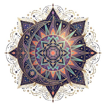 Colorful mandala design with geometric star patterns and swirling decorative elements