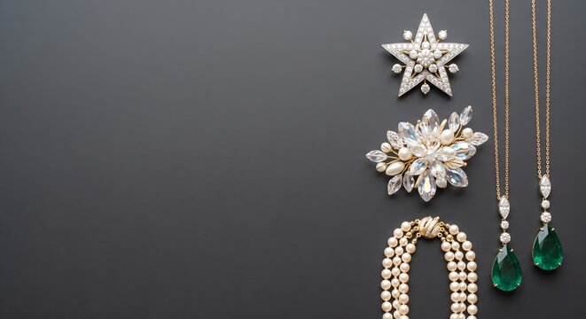 Dark Moody Background with Vertical Silver Jewelry Chains and Star Brooches