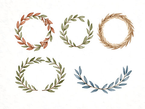 Watercolor botanical wreath frames set with leafy hand painted circles and open branches