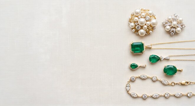 Clean Light Background with Right-Side Vertical Flat-Lay of Gold Jewelry, Rings, and Emeralds