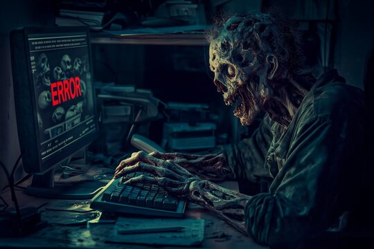 zombie at computer with error screen. Creepy Zombie Sitting at Computer with Error Message on Screen in Dark Office for Horror and Halloween Technology Concept