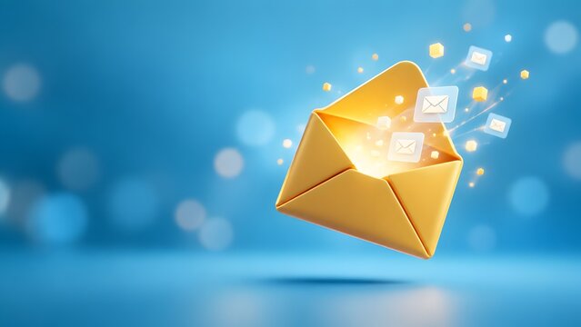 Golden open envelope with glowing email icons and digital particles representing newsletter marketing and digital messaging concept