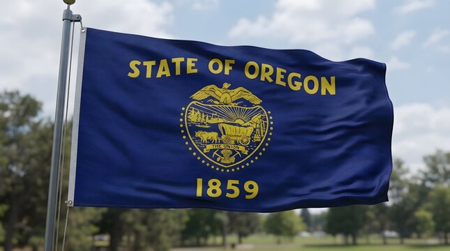 Waving flag of oregon with state seal and year of admission to the union