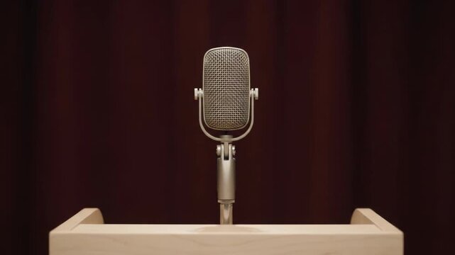 Vintage Microphone On A Wooden Lectern Against A Red Curtain