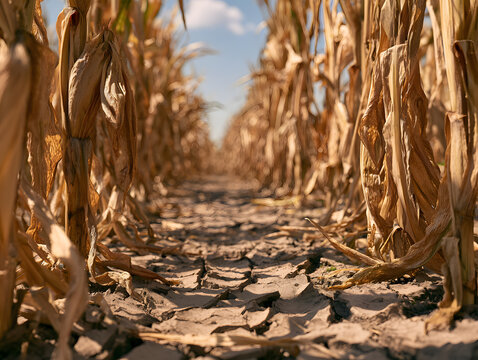 Dried Cornfield with Cracked Soil Under Bright Blue Sky