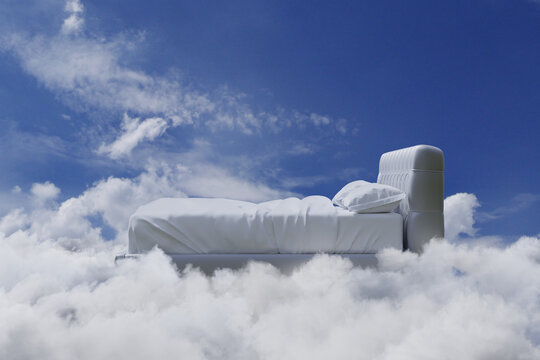 3D rendering of flying bed over white clouds