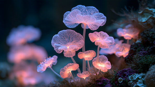 Extreme macro photography of mystical glowing bioluminescent translucent flowers in a dark enchanted forest, fantasy nature concept