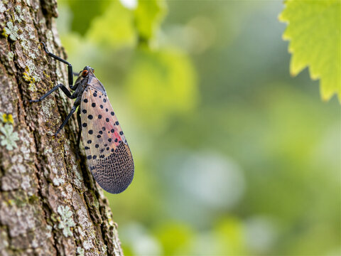 Adult spotted lanternfly resting on rough tree bark with patterned gray wings and black spots in a green woodland setting showing an invasive planthopper on a natural host surface outdoors