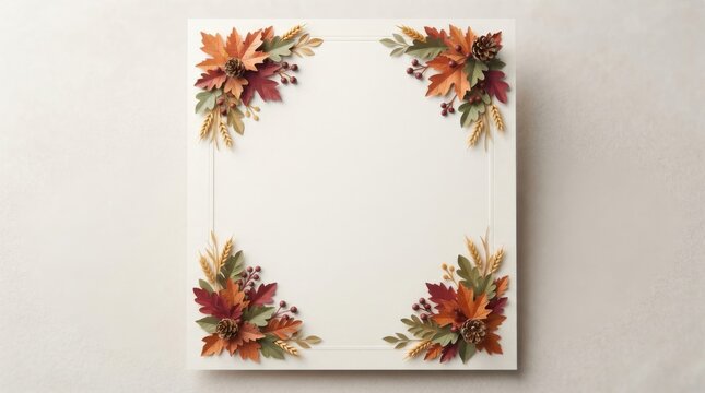 Square frame border with watercolor autumn leaves, pine cones, and wheat stalks in the four corners on a light beige textured background