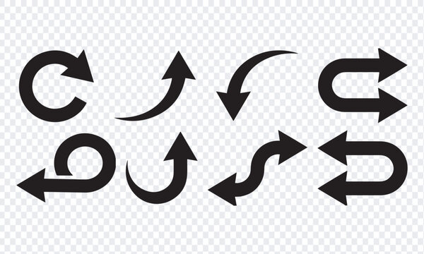 Arrows vector set, curved and U-turn black symbols