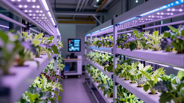 Modern indoor vertical farming facility with hydroponic systems and specialized purple LED grow lights for sustainable agriculture