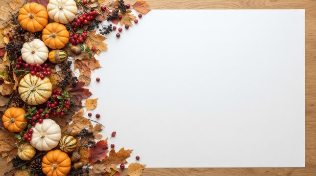 Autumn harvest border with pumpkins, colorful leaves, berries, and pinecones on a wooden surface with white copy space for seasonal text