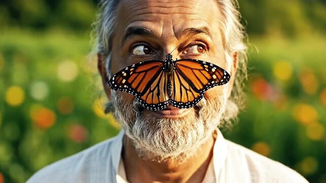 Elderly bearded man with eyes closed experiencing peaceful moment as monarch butterfly lands gracefully on his nose in vibrant sunny meadow filled with colorful wildflowers outdoors.