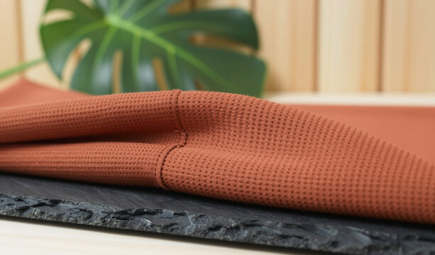 Macro detail of textured compressive ribbed fabric weave with flatlock stitching on slate stone.
