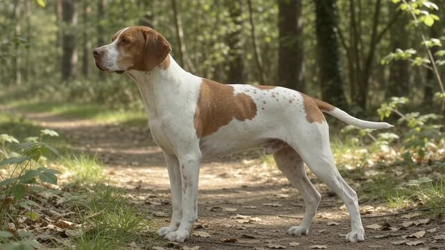 Brown And White Pointer Dog Standing Alert On Forest Path