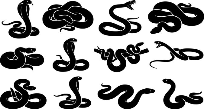 Black snake silhouette vector illustration set reptile serpent viper cobra python anaconda mamba 90
