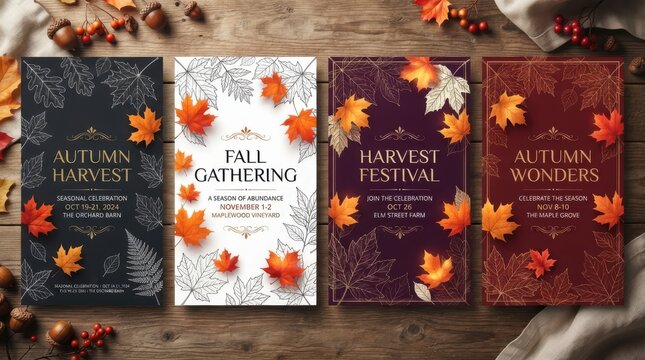 Four vertical banners for autumn events featuring seasonal typography, maple leaves, and botanical line on dark and light textured backgrounds