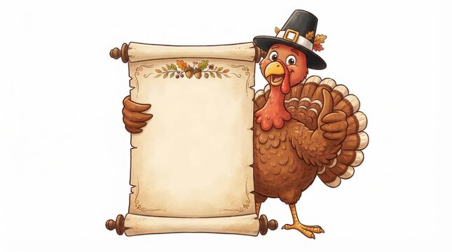 A cartoon turkey wearing a pilgrim hat and holding a blank parchment scroll while giving a thumbs up gesture on a white background