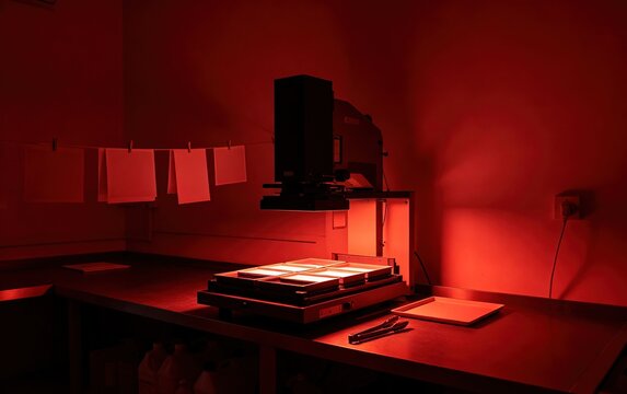 Empty Darkroom, Red Safelight Enlarger Developing Trays Blank Prints