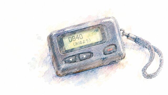 「おはよう」のメッセージが表示されたレトロなポケットベル（呼び出し機）