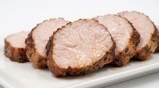 Several thick slices of roasted pork loin seasoned with herbs, arranged on a white rectangular serving plate against a plain white background