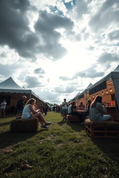 Outdoor Summer Food Festival with White Tents and Hay Bale Seating