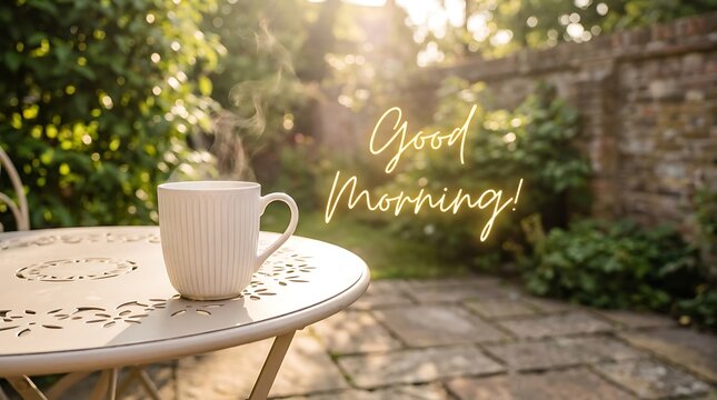 A white coffee mug sitting on a metal table in a sunny garden with good morning text