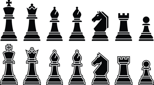 Complete black chess figures collection displaying solid shapes and stroke outlines for tactical board game layout elements