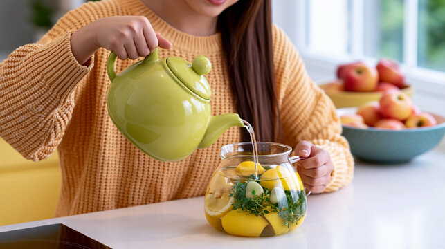 Woman in orange sweater pours hot water from green teapot into glass teapot filled with lemon slices and herbs on kitchen countertop with apples in the background