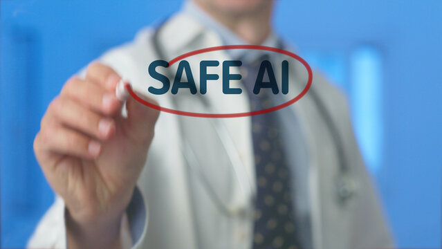 Doctor hand writing safe ai on a transparent screen, symbolizing ethical, secure artificial intelligence development in healthcare, research and clinical decision support
