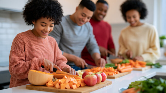 Young girl with curly hair slices vegetables and fruits on a kitchen countertop while family members prepare food together in a bright, modern kitchen setting