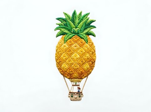 Pineapple fruit shaped as hot air balloon with wicker basket floating against white background