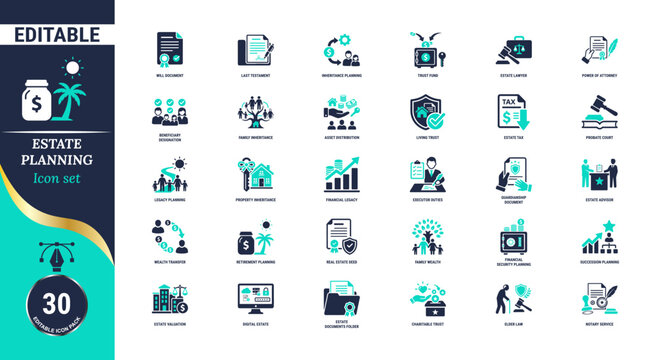 Estate planning icon set with teal and dark blue line designs representing financial security wealth management and law services.