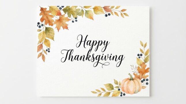 Watercolor of a happy thanksgiving greeting card with a frame of autumn leaves, berries, and a pumpkin on a white background