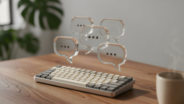 Glass speech bubble icons hovering over desk keyboard for virtual chat communication concept.