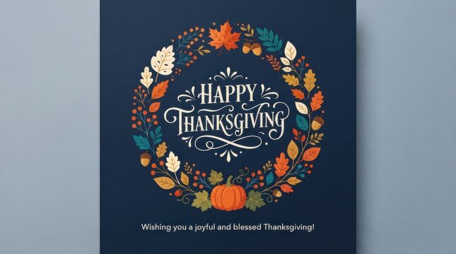 A square thanksgiving greeting card featuring a wreath of colorful autumn leaves, acorns, and a pumpkin with calligraphy on dark blue