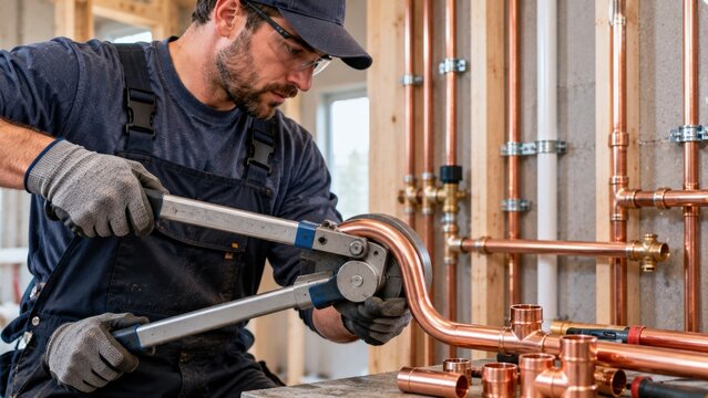 Professional plumber bending copper pipes with industrial manual tool inside a residential house construction.
