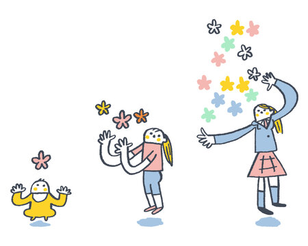 子どもの成長と未来への希望　将来の夢を花で重ねる少女　制度の区切りごとの年齢セット
