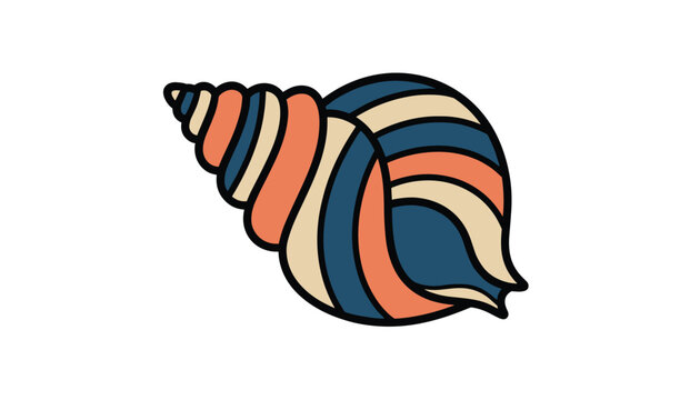 Beautiful retro colored sea shell illustration with blue orange and cream stripes on white background.