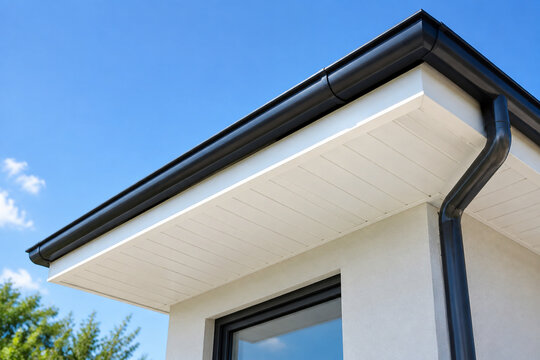 Clean white soffit board under eaves contrasting with dark rain gutter.