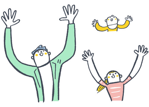 大きく未来に手を伸ばす大学生、小学生、赤ちゃん　未来への羨望　セットイラスト
