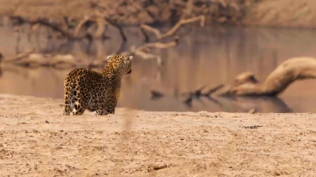 Close-up leopard face shows amber eyes, spotted fur, and whiskers. Warm natural light over desert rocks and sand creates shallow depth of field, emphasizing facial texture and calm, attentive mood
