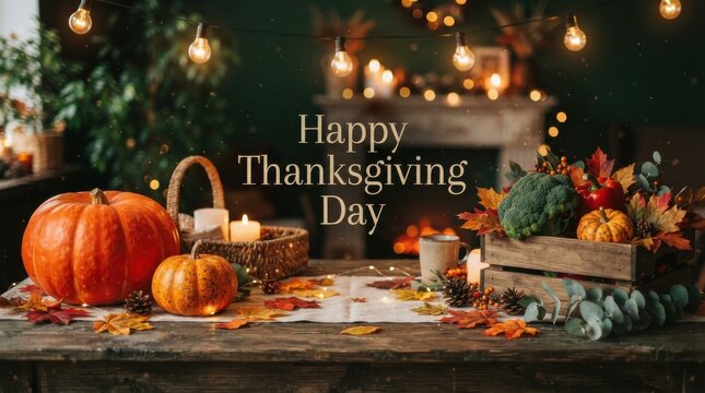 Festive thanksgiving table setting with pumpkins, autumn leaves, and candles on a rustic wooden table with warm string lights in background