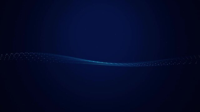 Abstract digital wave of glowing particles on dark blue background